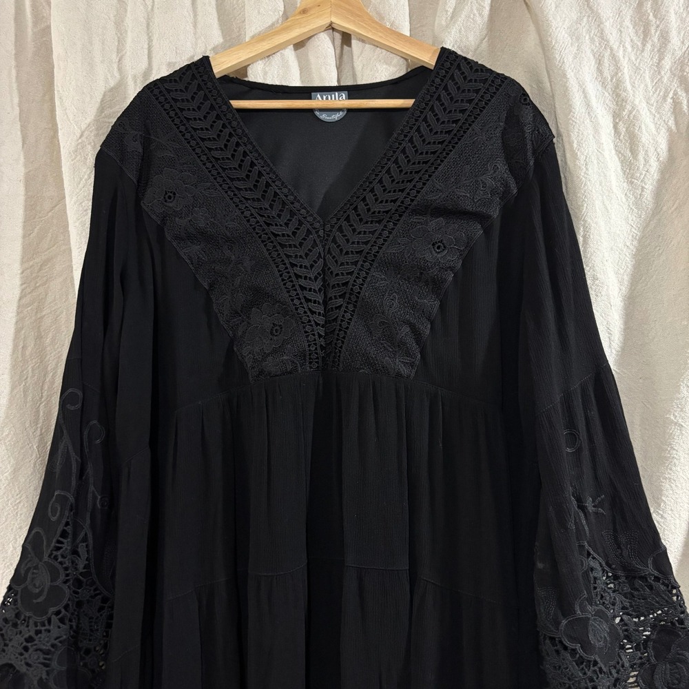 Arula Black Crochet Lace V-Neck Tiered Mini Dress Bell Sleeve Boho Plus Size B - Picture 2 of 7